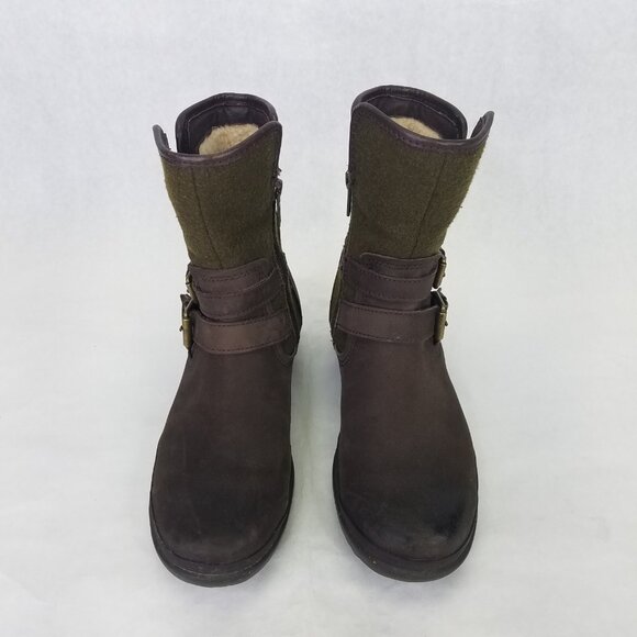 UGG Simmens Boots Women 6 Leather Waterproof Brown Olive Shearling Lining Zip Up - Picture 3 of 16